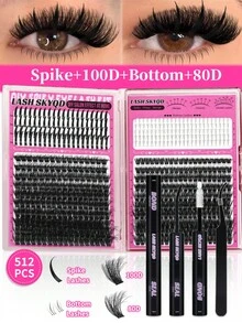 LASH SKYQD 512pcs/480pcs/472pcs/276pcs D Curl Lash Clusters Kit, Bottom/Spike/Mega/Cat/Brown Lashes Volume Wispy False Eyelash DIY Individual Clusters Lash Kit, Kit With Bond&Seal Tweezers, DIY At Home Easily - 黑色 - 查看 12
