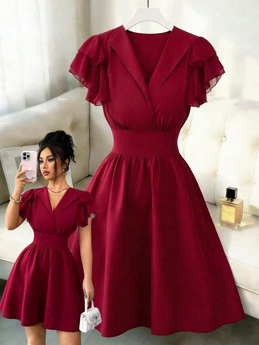 Vestido corto de gasa color vino para mujer, cuello en V envolvente, manga con volantes y cintura ajustada - Burdeos - Ver 1