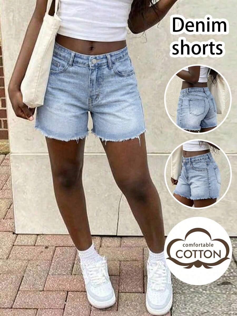 Y2K Plain Casual Retro Baddie & Sweetie Regular Frayed Hem Denim Shorts, Fashionable Minimalist Pants For Teenage Girls