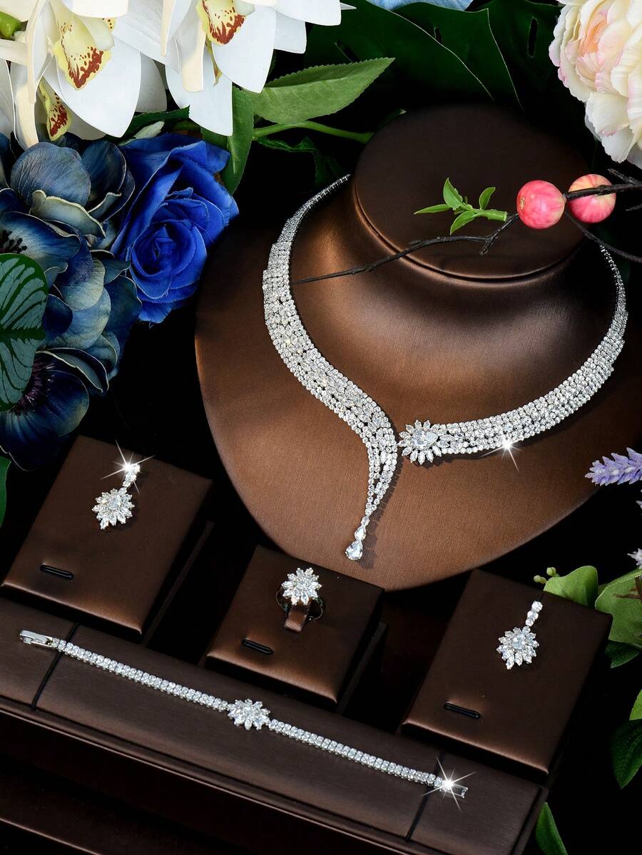 1 Set Silver Tone Pear-Cut CZ Sunflower Y-Drop Tennis Chain Jewelry Set, Elegant Matching Set For Formal Events & Weddings - Silver - View 1