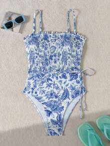 ZMBT Swim Vcay Traje de baño de una pieza con estampado azul y blanco aleatorio sin espalda para mujeres, con tirantes ajustables, versátil para playa, vacaciones y uso casual - Café integral - Ver 10