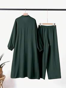 2pcs Set Arabic Style Long Sleeve Shirt Top And Wide Leg Pants, Elegant And Comfortable, Suitable For Spring Home And Daily Wear - Dark Green - View 3