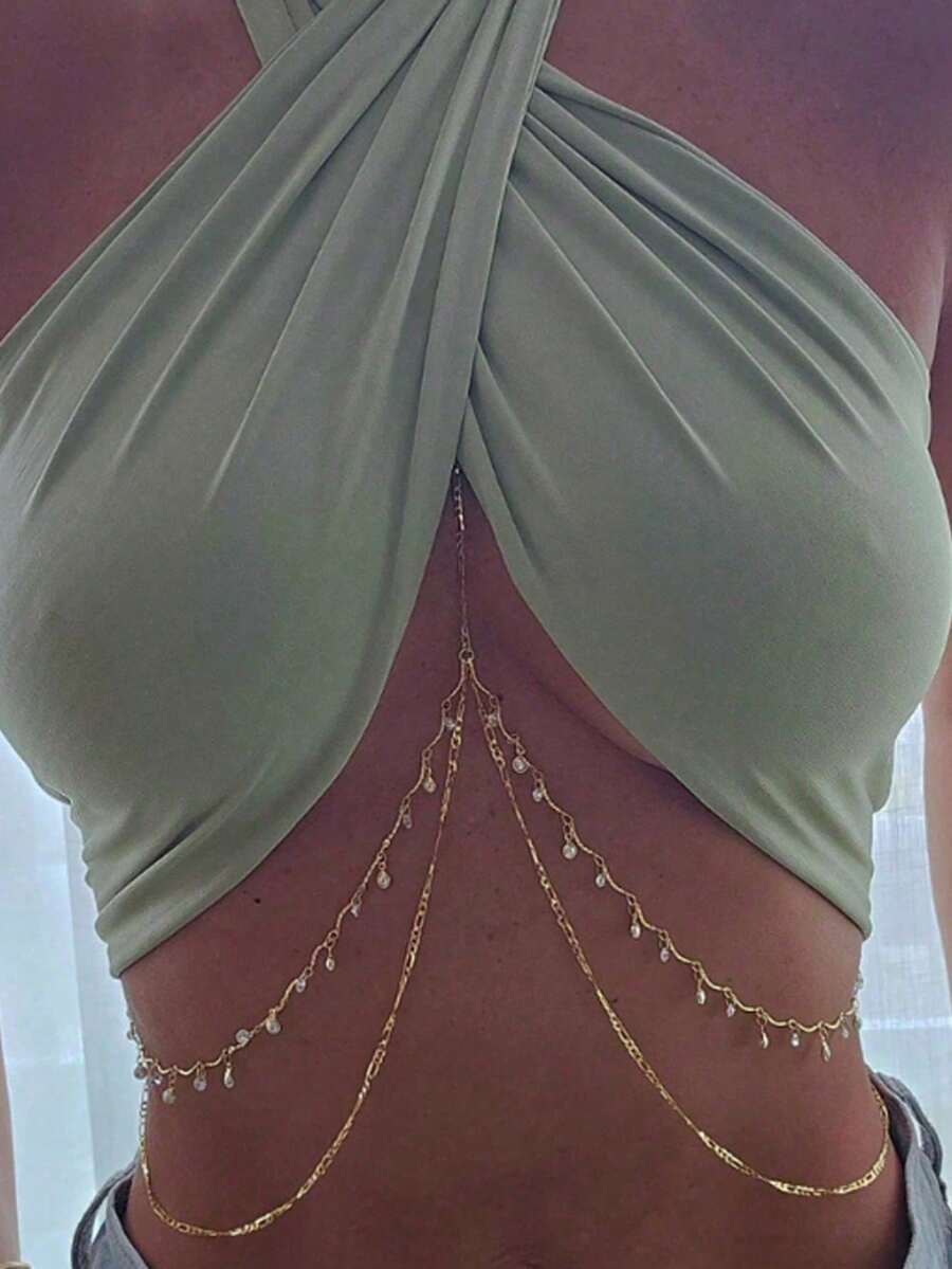 1pc Fashionable Sexy Crystal Embellished Halter Waist Chain, Suitable For Beach Party, Holiday Gift - Gold - View 1