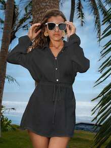 Conjunto de verano para mujer: Camisa elegante y casual con botones y mangas de farol, vestido corto y ligero para la playa, versátil - Negro - Ver 3