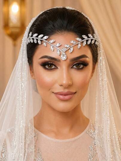 1pc Bridal Headpiece, Luxury Leaf Crystal Headband, Forehead Pendant Headpiece, Wedding Dress Accessory, Bride Headpiece, Silver Hair Accessory, Suitable For Dinner, Outing, Party, Photography, Women Hair Accessory, Women Accessory