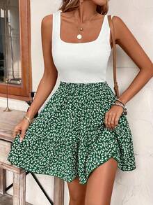 Vestido de vacaciones informal estampado sin mangas con cuello cuadrado elegante y a la moda de verano para mujer - verde - Ver 3