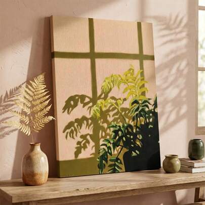 1pc Botanical Shadow Art Print, Minimalist Green Plant Oil Painting Print Poster, Plant Shadow Wall Art, Blurred Nature Poster, Modern Nature Print, Calm Sunlight Decor, No Frame