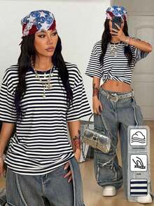 Women's Comfortable White Oversized T-Shirt, Y2K Style, Lip Print, Casual Style, Tropical Vacation, 2026 Fashion, Cute Style, Casual Style. 180g (Sizes S-XXXL) - 藍白色 - 查看 7