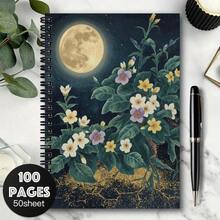 1pc A5 Spiral Notebook With Lined Pages - Tropical Moonlight Garden Design, Green Leaves, Colorful Flowers And Gold Star Pattern, Suitable For Writing, Drawing, Office And School Supplies, Unique Gift For Women And Men - G - View 6