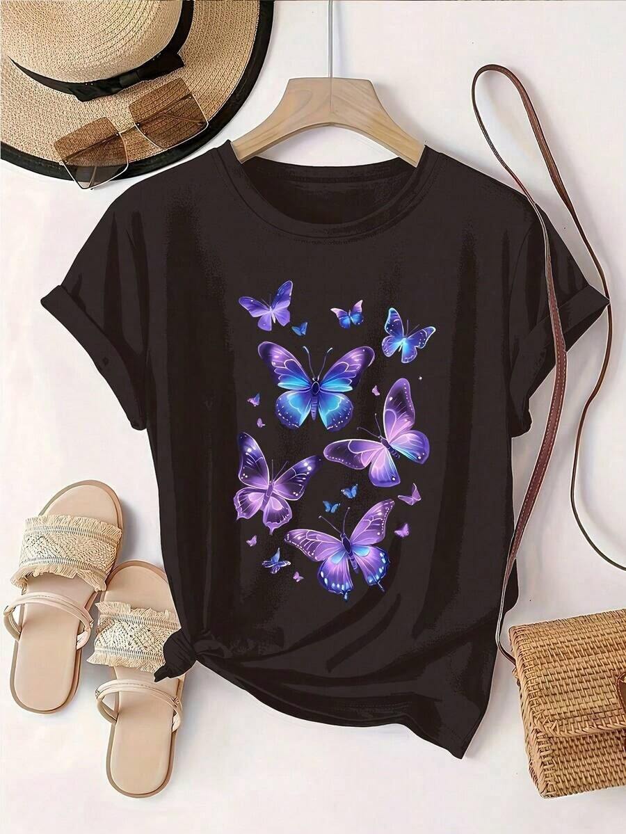Camiseta Casual de Mujer con Estampado de Mariposas - Manga Corta, Cuello Redondo, Morada con un Romántico Diseño de Mariposas Azul-Morado, una Opción Perfecta para Primavera y Verano, Ropa Casual, Corte Regular, Manga Corta para Mujer. - Negro - Ver 1