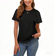 Camiseta básica clásica de algodón para mujer, de cuello redondo y manga corta, camiseta holgada de color sólido, top deportivo de color sólido, sudadera, camiseta de verano. - 0-Negro - Ver 1