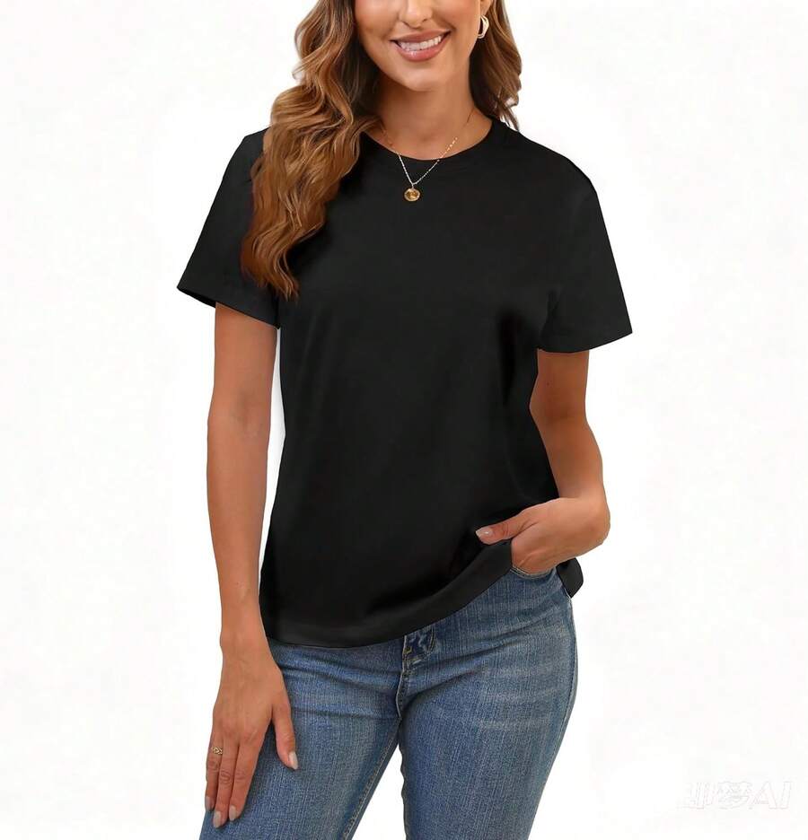 Camiseta básica clásica de algodón para mujer, de cuello redondo y manga corta, camiseta holgada de color sólido, top deportivo de color sólido, sudadera, camiseta de verano. - 0-Negro - Ver 1