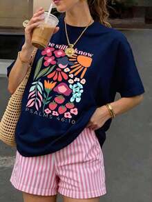 Women's DrmWander Casual Graphic Print Short-Sleeved T-Shirt With Round Neck. Ideal Choice For Daily Commutes, Beach Holidays And Travel. - 海軍藍 - 查看 3
