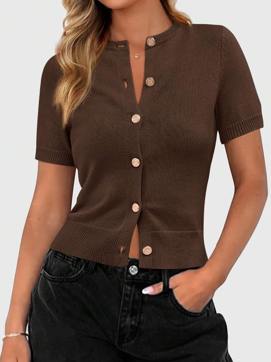 Womens Casual Summer Short Sleeve Cardigans Button Down Knitted Sweater Basic Crew Neck Crop Tops - nâu sẫm - Xem 1