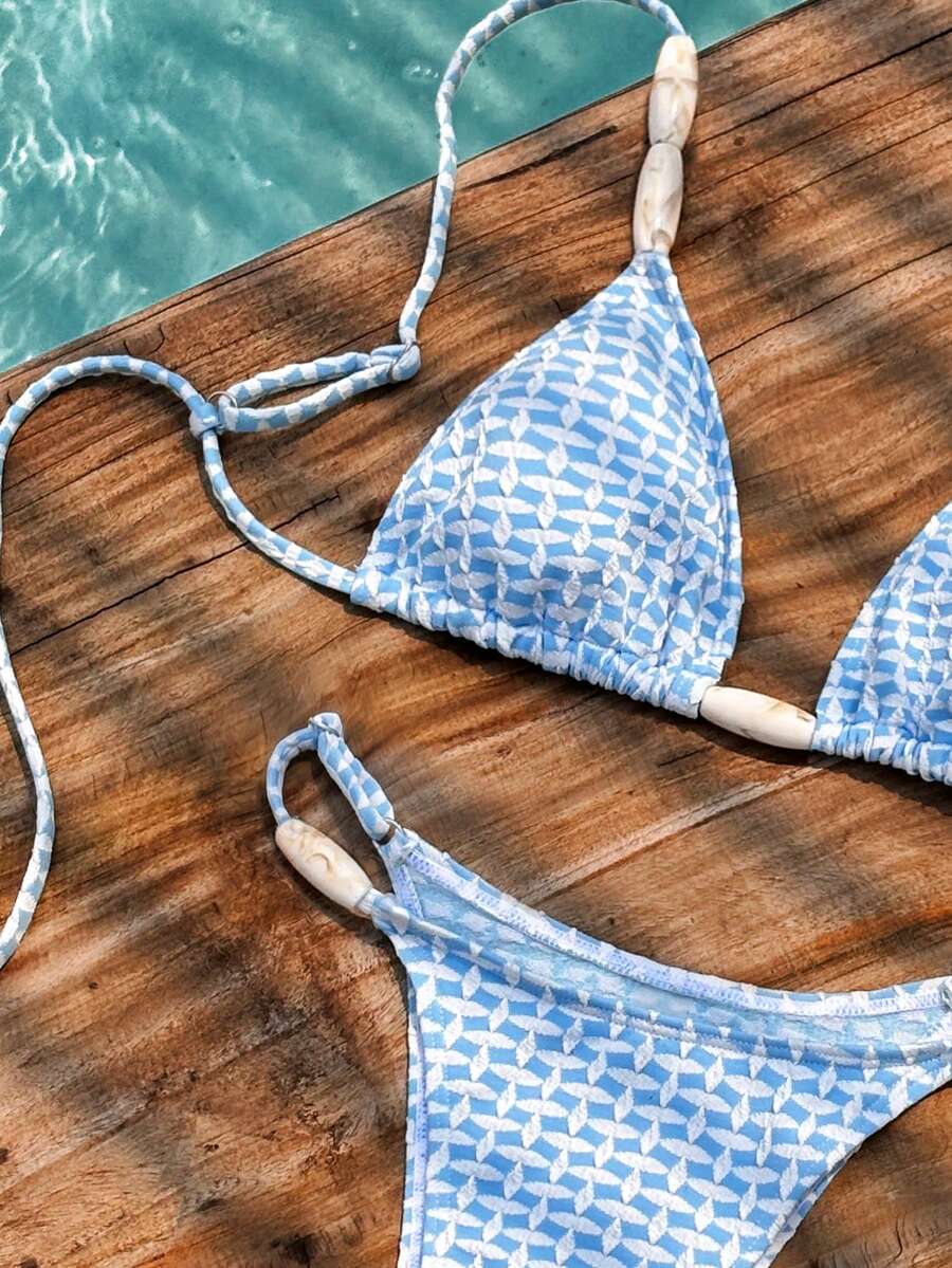 2026 Women's Casual Bohemian Style Beaded Spaghetti Strap Bikini Set, Textured Fabric Wireless Design, Suitable For Beach Vacation Summer - Blue and White - View 1