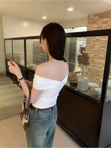 Tシャツ レディース オフショルダー トップス 肩出し クロスデザイン シャーリング ギャザー 半袖 カットソー タイト スリム 着痩せ 华奢見え デコルテ 美人 美シルエット 骨格ウェーブ 骨格ストレート 体型カバー 二の腕カバー 大人可愛い フェミニン きれいめ セクシー カジュアル ガーリー デート服 お出かけ ワンマイルウェア 韓国ファッション 無地 伸縮性 ストレッチ 柔らかい 夏服 春夏 20代 30代 40代 ネイビー 紺色 プルオーバー 抜け感 こなれ感 高見え 鎖骨出し モテ服 女子会 通勤 通学 上品 清楚 - ネイビーブルー - チェックする 6