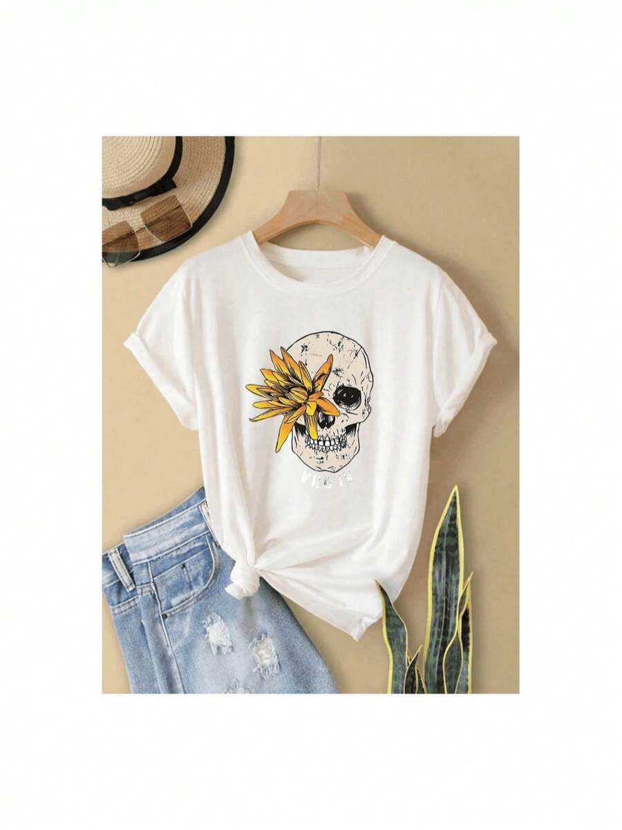 Skull Monogram T-Shirt For Women - White - View 1