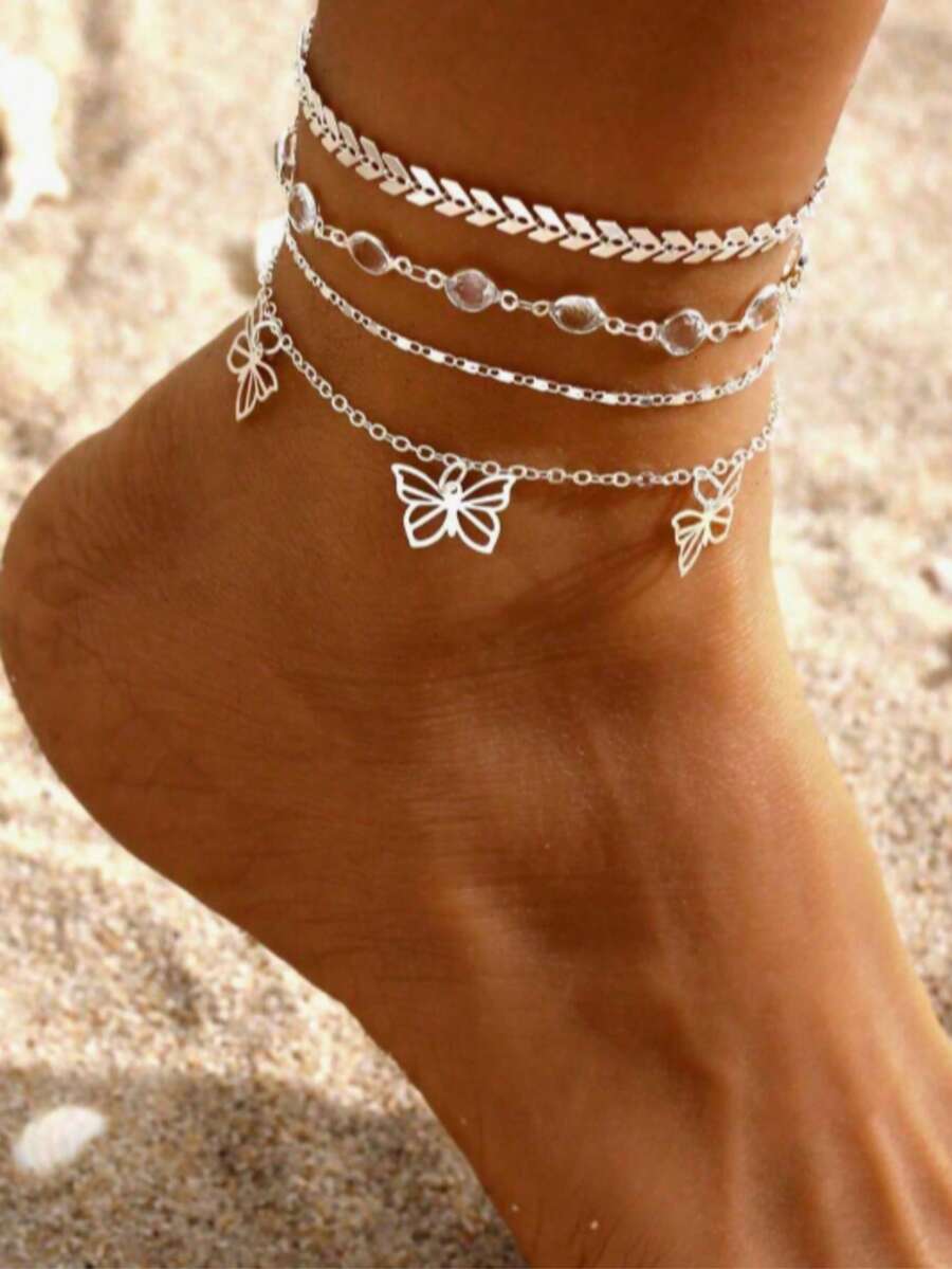 4pcs Fashionable Minimalist Elegant Butterfly Multi-Layer Anklets For Women, Summer - Silver - View 1