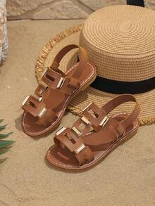 1 Pair Brown Plus Size Children's Flat Sandals, Solid Color Soft PU Hollow Fabric + Gold Rhinestone Decor, Classic Open Toe Soft Non-Slip Slip-On Design, Suitable For 3-12 Years Old Girls, Fashion Elegant Beach/Holiday/Party Wear, Spring/Summer 2026 - Brown - View 4