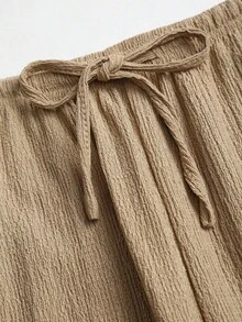 Conjunto Versátil de 2 Piezas para Mujer  Sweetro: Top de Color Sólido con Hombros Descubiertos y Pantalones Anchos Casuales con Cordón Ajustable - Caqui - Ver 5
