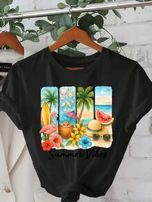 Plusstorlekar, Plusstorlekar med sommarvibbar, Tryckta t-shirts, Kortärmade toppar med rund hals, Sommar och vår, Kläddag för kvinnor i plusstorlekar - Svart - Visa 6