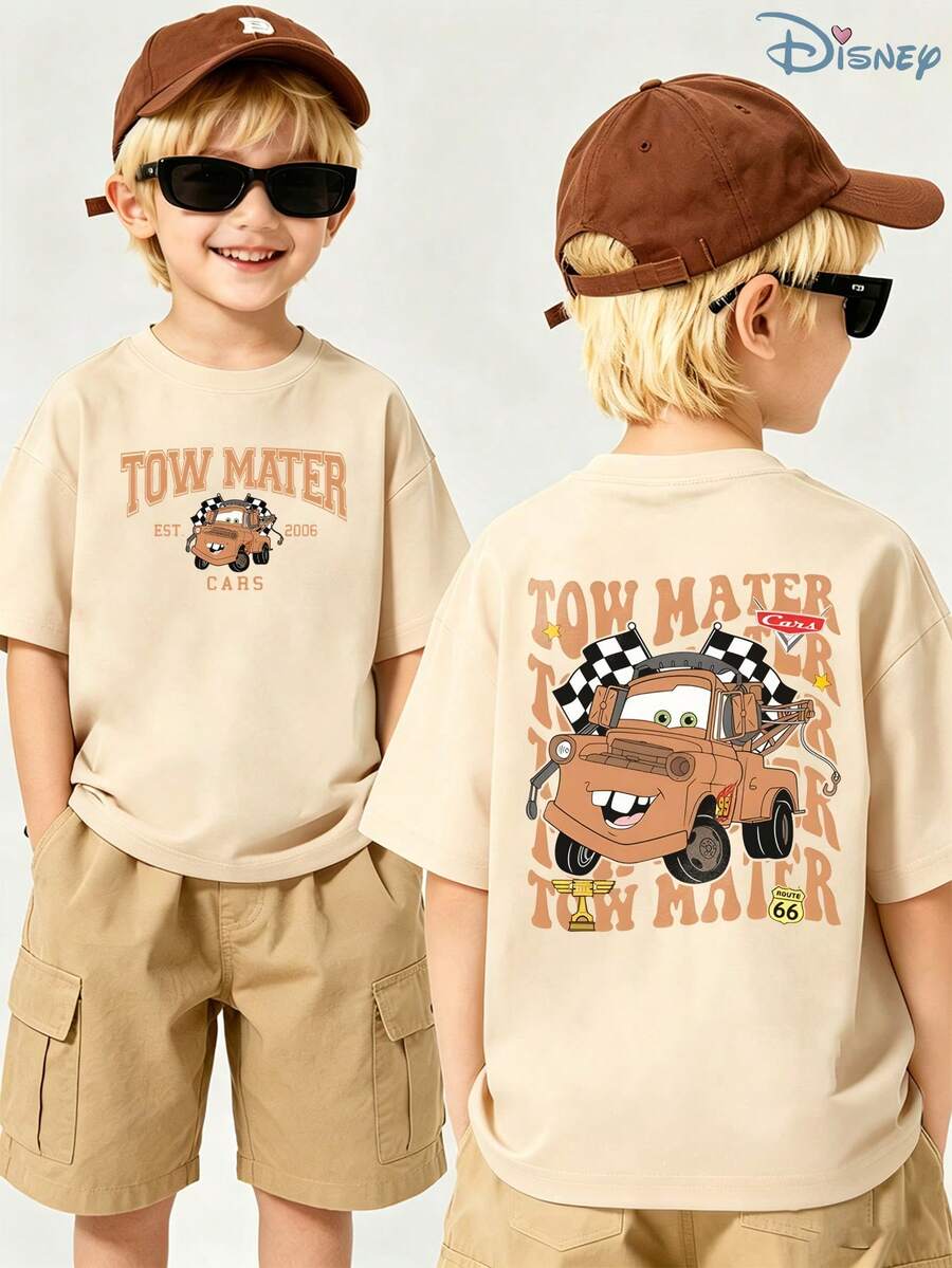 Boys' Disney Cars Tow Mater Graphic T-Shirt, Kids Retro 2006 Movie Tee, Soft Breathable Casual Top For Boys, Ideal For Everyday Wear, Playground, School, Theme Parks, Vacation & Outdoor Activities - Màu be - Xem 1