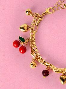 Popjeli 1pc Asymmetrical Shell Bracelet, Vibrant Red Cherry & Apple Shaped Charm, Versatile Daily Wear Bracelet/Anklet, Multiple Styles - Thick Chain-gold - View 5