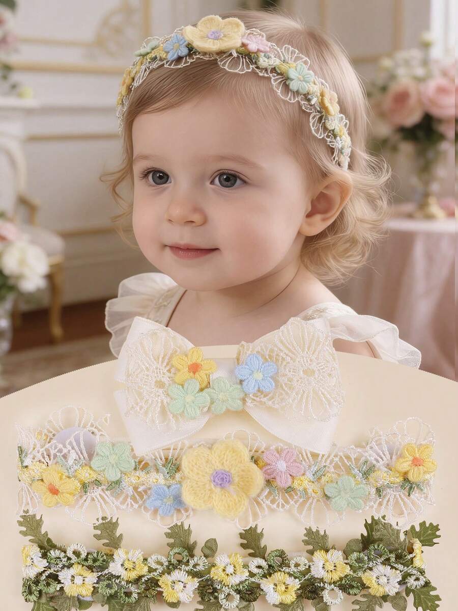 3pcs/Set Cute Colorful Embroidered Daisy & Butterfly Decor Retro Floral Baby Headbands - Multicolor - View 1