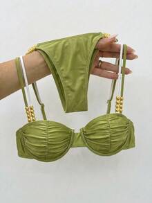 2026 Women's Elegant Vacation Bikini Set, Double Strap Design With Metal Beads, Ruched Underwire Bust, Suitable For Beach Holiday - Green - View 2