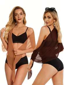 2pcs/1pc Set Women Brown Tone Beach Shawl Swimsuit Cover Up Transparent Bikini Swimwear Set, Suitable For Beach Travel - Brown - View 18