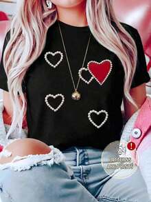 Camiseta Casual Blanca de Manga Corta y Cuello Redondo para Mujer con Adornos de Perlas y Corazón Rojo, Top de Tela Elástica de Poliéster a la Moda - Negro - Ver 2