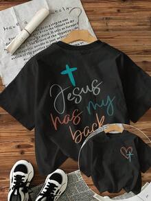 Women's Clothing Women's Tops, Double Image On Front And Back] T-Shirt With Calligraphic Style Cross Text Print 'Jesus Has My Letter', Round Neck, Loose Fit, Casual, For Women. Women's T-Shirts. - 黑色 - 查看 6