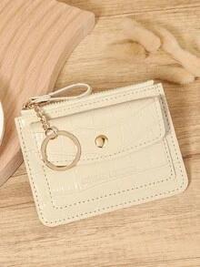 Monedero con cadena y patrón de cocodrilo en beige, mini monedero con cremallera y solapa con múltiples ranuras para tarjetas, bolsillo para monedas de cuero PU, unisex para uso diario y viajes, accesorio compacto y minimalista para regalo de cumpleaños o Navidad - Beis - Ver 5