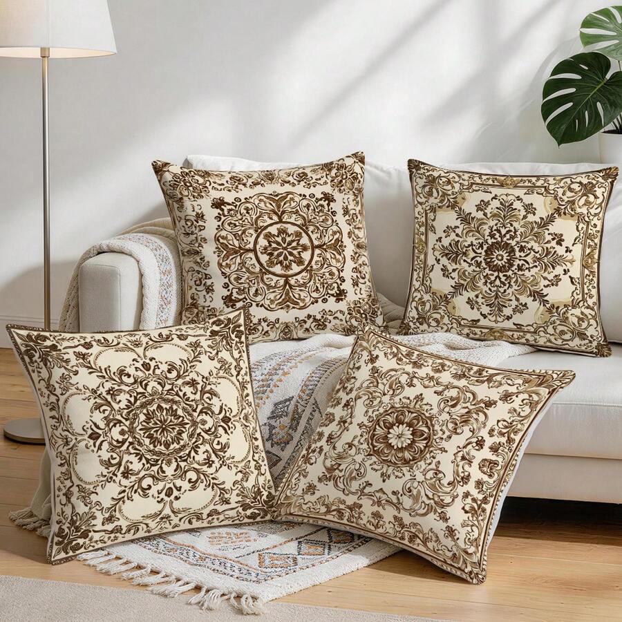 4pcs Bohemian Rug Pattern Pillow Covers, Single-Sided Printed Cushion Covers, Suitable For Living Room, Sofa, Bedroom, 40x40cm/45x45cm/50x50cm (Without Pillow Inserts) - Multicolor - View 1