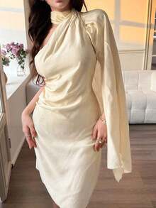 Vestido midi elegante de un solo hombro para mujer, color crema, cuello bufanda y manga drapeada - Albaricoque - Ver 7