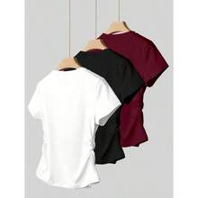 3pcs Women Summer Casual Solid Color Tops, Fashion Minimalist Style, Suitable For Sports, Outdoor, Back To School, Pink, Apricot, Brick Red, Women T-Shirts - 多色-10 - 查看 2