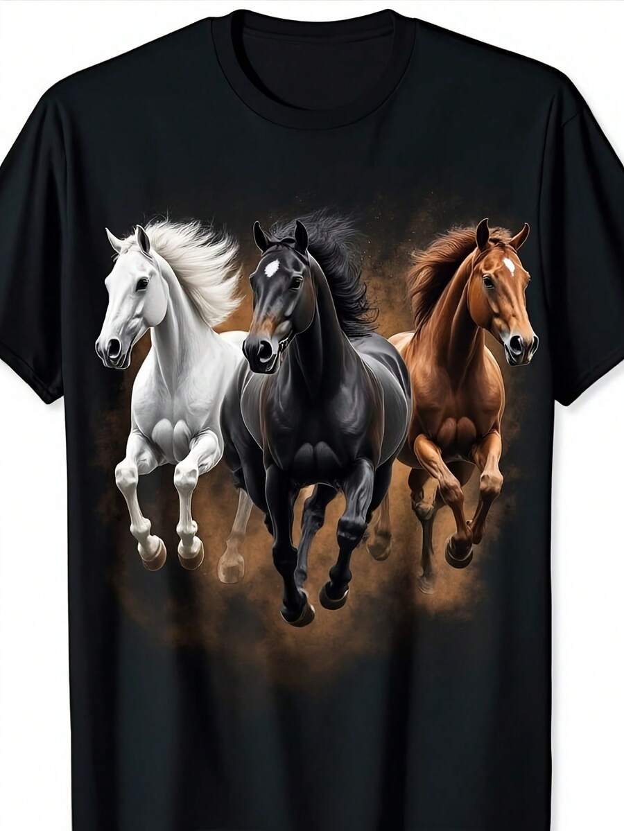Una camiseta informal con un diseño de tres caballos corriendo, perfecta para actividades al aire libre y vacaciones.Diseño unisex, esta camiseta estampada de manga corta es perfecta para el verano de 2026, con un peso de 6.35 onzas. - Negro - Ver 1