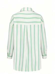Spring/Summer Elegant Mint Green Thin Striped Loose Long Casual Shirt, Minimalist Versatile Front Button Up Design For Vacation - Mint Green - View 2