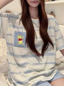 Gongdie Bộ đồ ngủ nữ Disney 2 món, bộ đồ ngủ ngắn tay bằng cotton mùa hè, họa tiết sọc Winnie the Pooh, chất liệu mềm mại. - Màu be - Xem 2