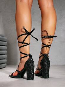 New Summer Sexy Patent Leather Lace-Up Thick High Heel Sandals, Square Toe Criss-Cross Glitter Design, Suitable For Party, Wedding, Date Occasions - Black - View 2