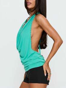 Womens Studded Halter Tank Tops Summer Fashionable Slim Fit Cowl Neck Backless Vest - Mint Blue - View 4