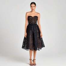 Women's Vintage Black Lace Midi Cami Dress With Asymmetrical Hem Elegant Formal Or New Years Strapless Party Attire - 黑色 - 查看 1