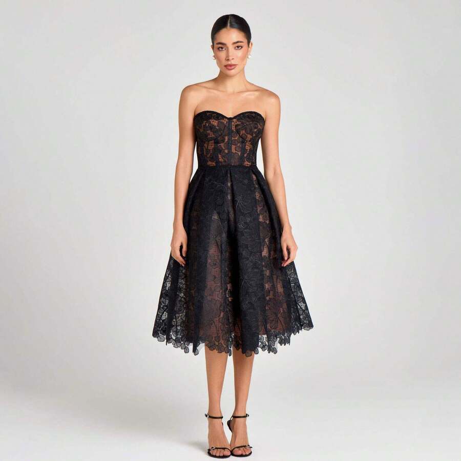 Women's Vintage Black Lace Midi Cami Dress With Asymmetrical Hem Elegant Formal Or New Years Strapless Party Attire - 黑色 - 查看 1