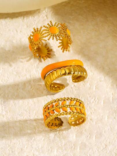 3pcs 18K Gold Plated Stainless Steel Elegant Vintage Style Adjustable Leaf Rings Set, Suitable For Women's Daily, Beach, Party, Date, Outdoor Wear, Retro Chic Jewelry Gift