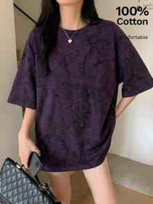 星河女孩印花短袖圆领宽松针织常规葡萄紫女式T恤，时尚夏季度假装，嘉年华服装 - 0A41葡萄紫 - 查看 1