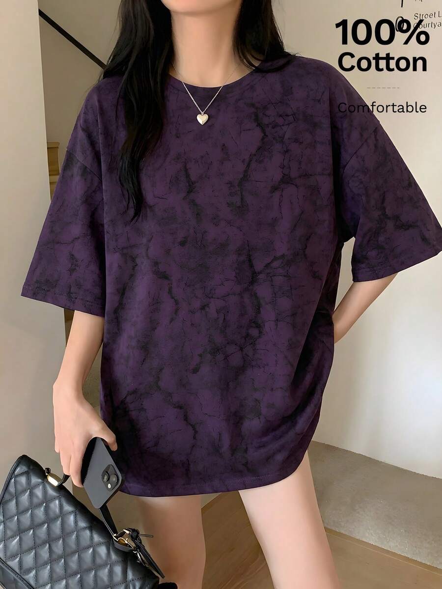 星河女孩印花短袖圆领宽松针织常规葡萄紫女式T恤，时尚夏季度假装，嘉年华服装 - 0A41葡萄紫 - 查看 1