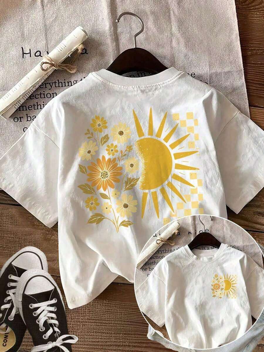 Women's Clothing Women's T-Shirt Tops, Women's Casual Spring And Summer T-Shirt With Retro Sunflower Print, Double-Sided Images, Round Neck And Short Sleeves Women's Shirts - 白色 - 查看 1