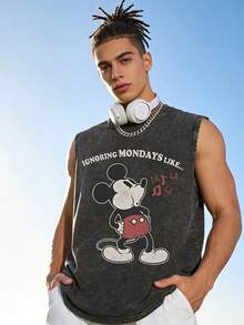 Disney 230g High-Quality Washed Cotton Crew Neck Tank Top, Funny "Ignoring Mondays" Mickey Print, Loose Fit, Fun & Relatable For Men. - 黑色 - 查看 1