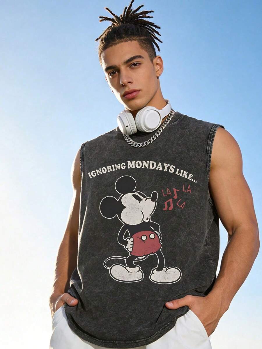 Disney 230g High-Quality Washed Cotton Crew Neck Tank Top, Funny "Ignoring Mondays" Mickey Print, Loose Fit, Fun & Relatable For Men. - 黑色 - 查看 1