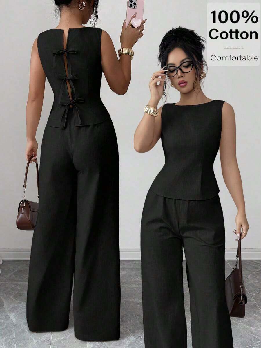Conjunto de dos piezas para mujer color beige sólido, chaleco sin mangas con diseño de nudo en la espalda y pantalones anchos de cintura alta, estilo elegante y versátil, ideal para oficina, reuniones, eventos, uso diario y salidas casuales en primavera, verano y otoño - Negro - Ver 1